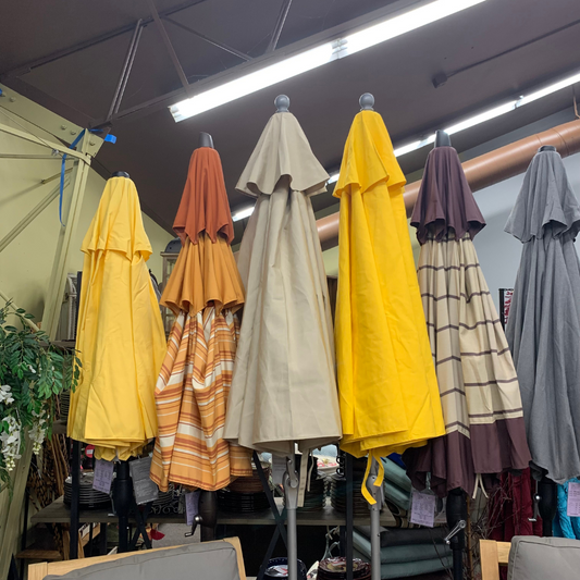 Shade Umbrellas in Stock-Frankford Monterey Matte Silver Sunflower Yellow 9' Auto Tilt Umbrella