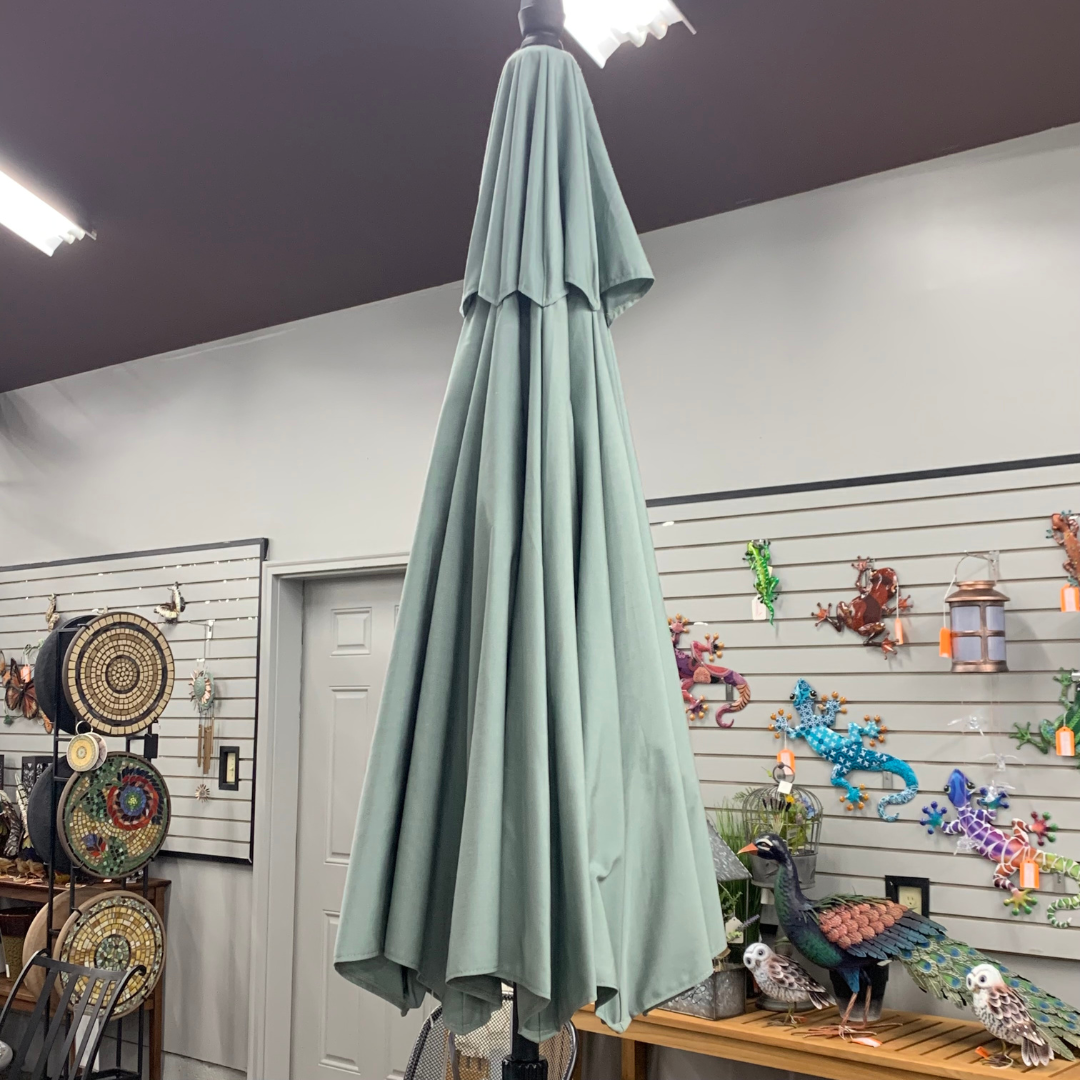 custom design patio umbrella Shade Umbrellas in Stock-Treasure Garden 9' SWV Patio Umbrella in Spa – Jacobs Custom Living