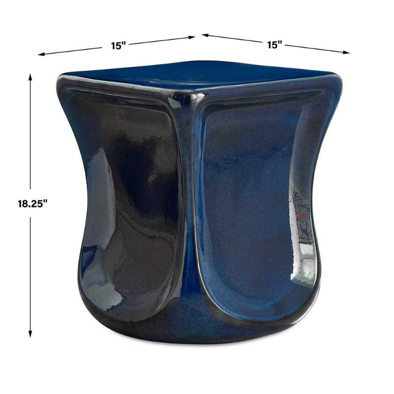 Blue stool with dimensions labeled on a white background