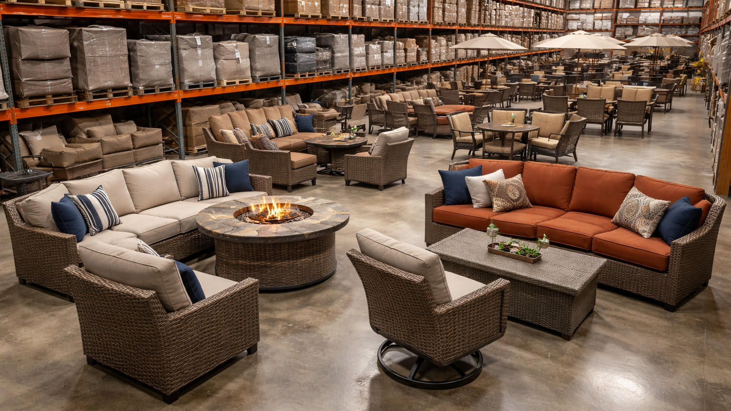 Outdoor furniture set with fire pit in a warehouse setting
