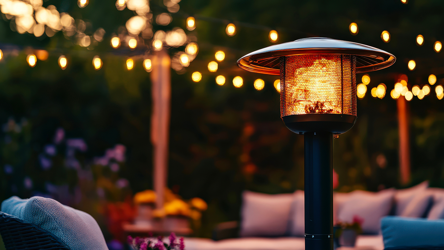 Outdoor patio heater with string lights in a garden setting