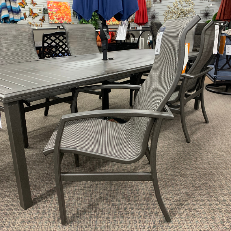 Tropitone Muirlands The Best Patio Sling High Back Dining Chair Jacobs Custom Living Patio Outdoor Furniture Fire Pit Tables