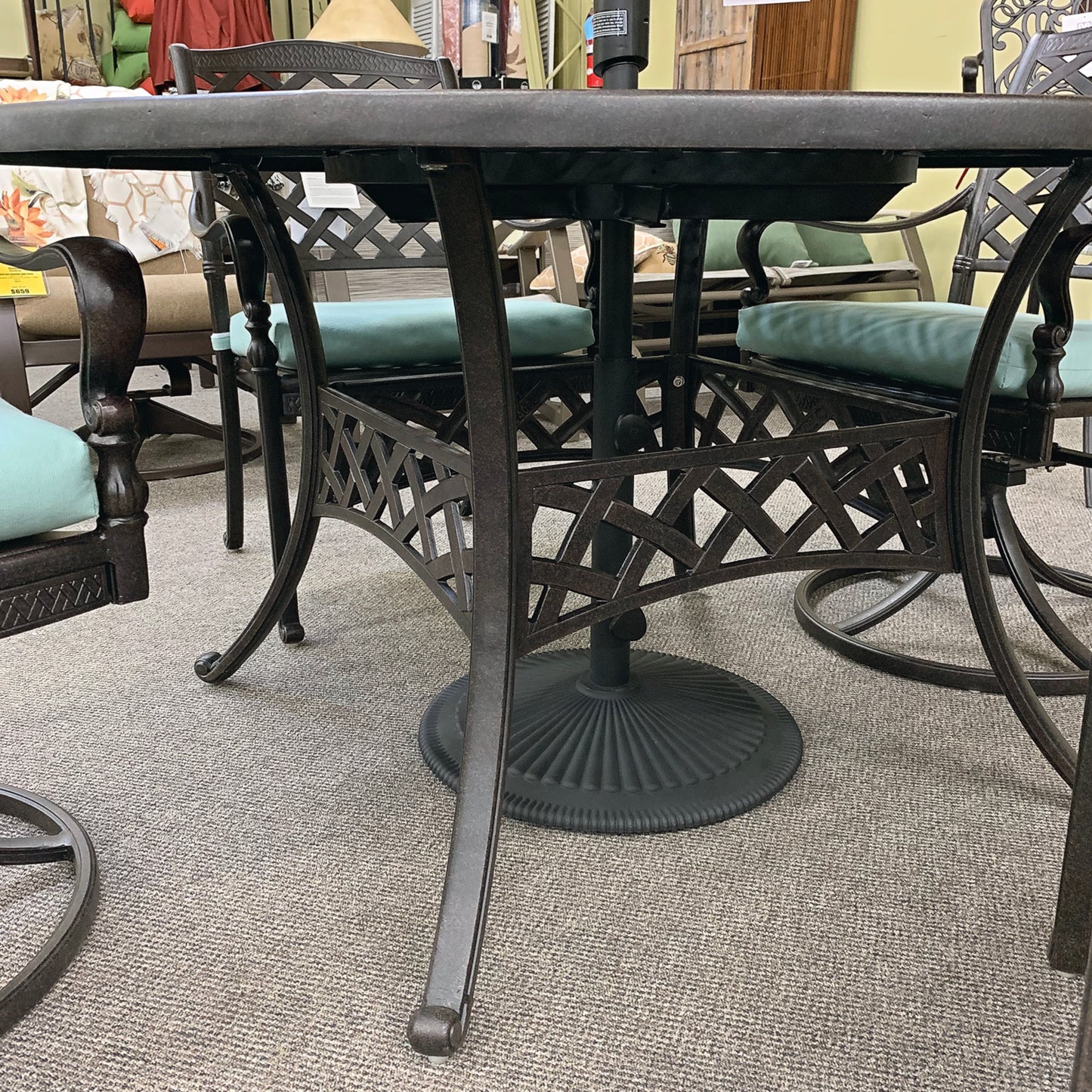 Hanamint Berkshire 54" Inlaid LZ Susan Table is available at Jacobs Custom Living Spokane Valley showroom.