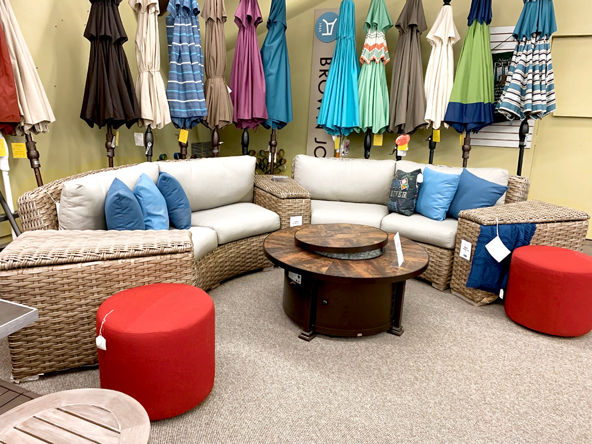 Leisure Garden Sunset Curved Patio Sectional is available at Jacobs Custom Living our Jacobs Custom Living Spokane Valley showroom.