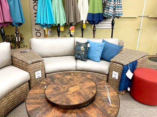 Leisure Garden Sunset Curved Patio Sectional is available at Jacobs Custom Living our Jacobs Custom Living Spokane Valley showroom.