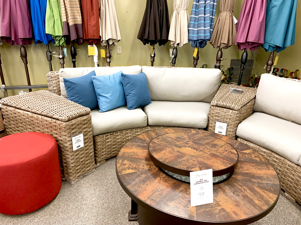 Leisure Garden Sunset Curved Patio Sectional is available at Jacobs Custom Living our Jacobs Custom Living Spokane Valley showroom.
