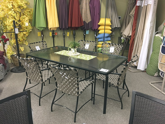 The Brown Jordan Tamiami 43"x77" Glass Top Dining Table is available in our Jacobs Custom Living Spokane Valley showroom.