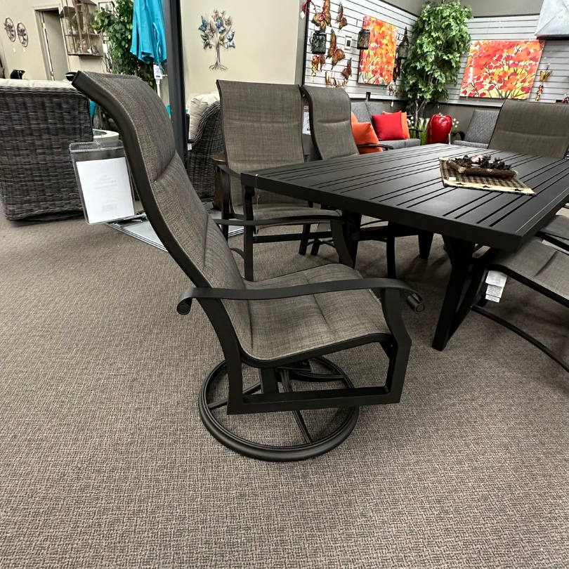 Patio Dining Chair in Stock-Woodard Cortland Padded Sling High Back Swivel Rocker