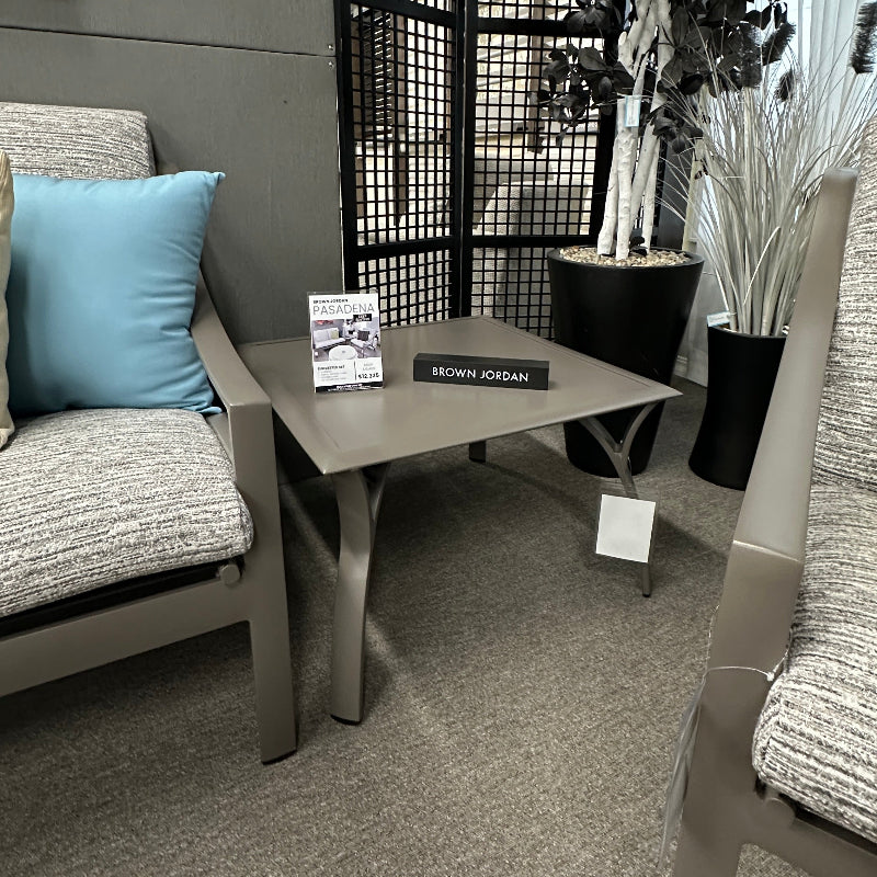 Gray sofa with blue pillow and wooden table in a room with decorative plants and a rug.