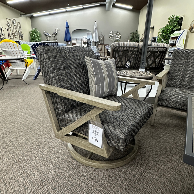 Outdoor furniture set with chairs and tables in a showroom setting.