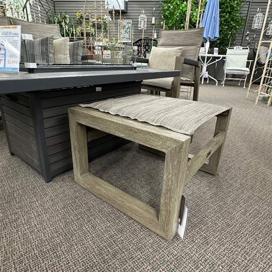 Outdoor furniture set including a table and chairs in an indoor showroom.