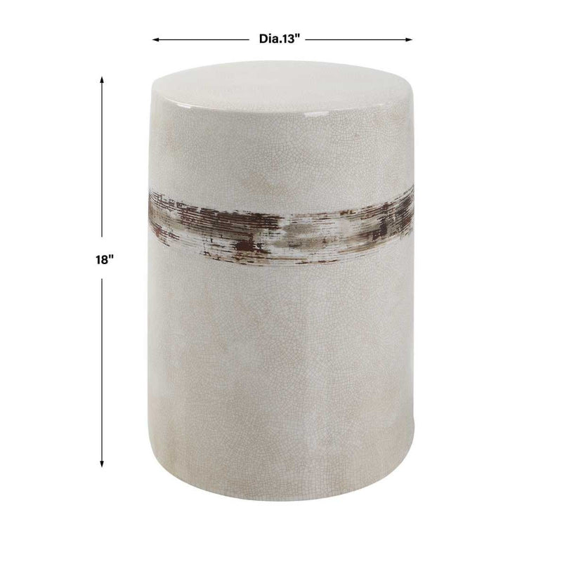 Cylindrical stool with textured surface and brown accent band, dimensions shown.