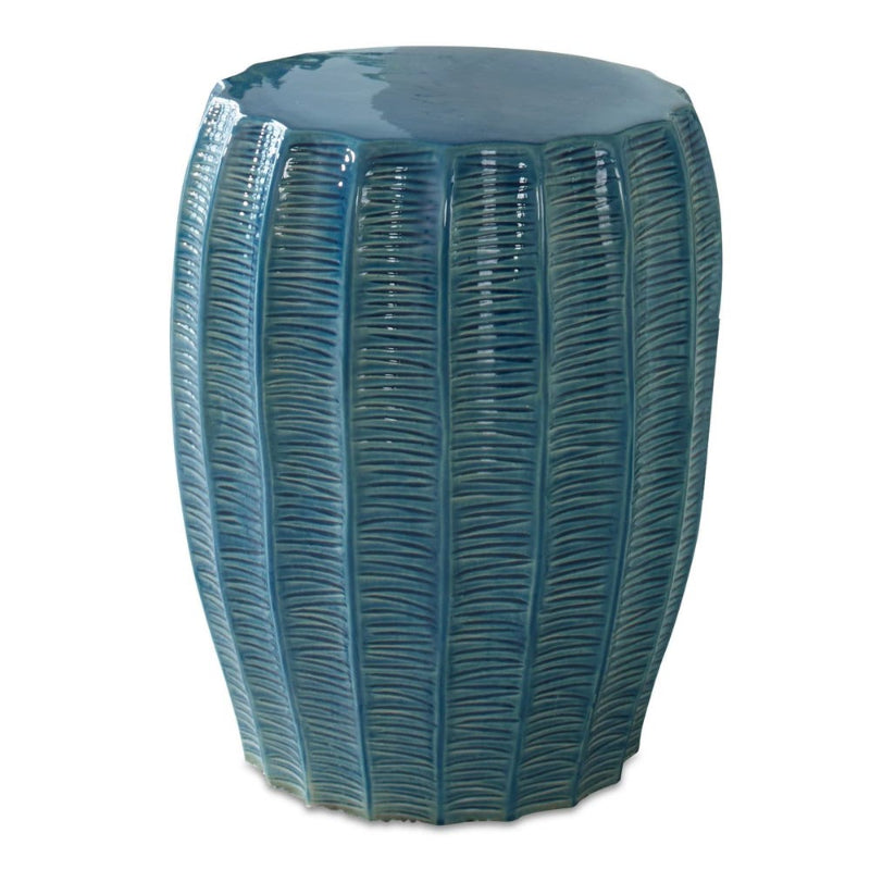 Blue textured garden stool on a white background