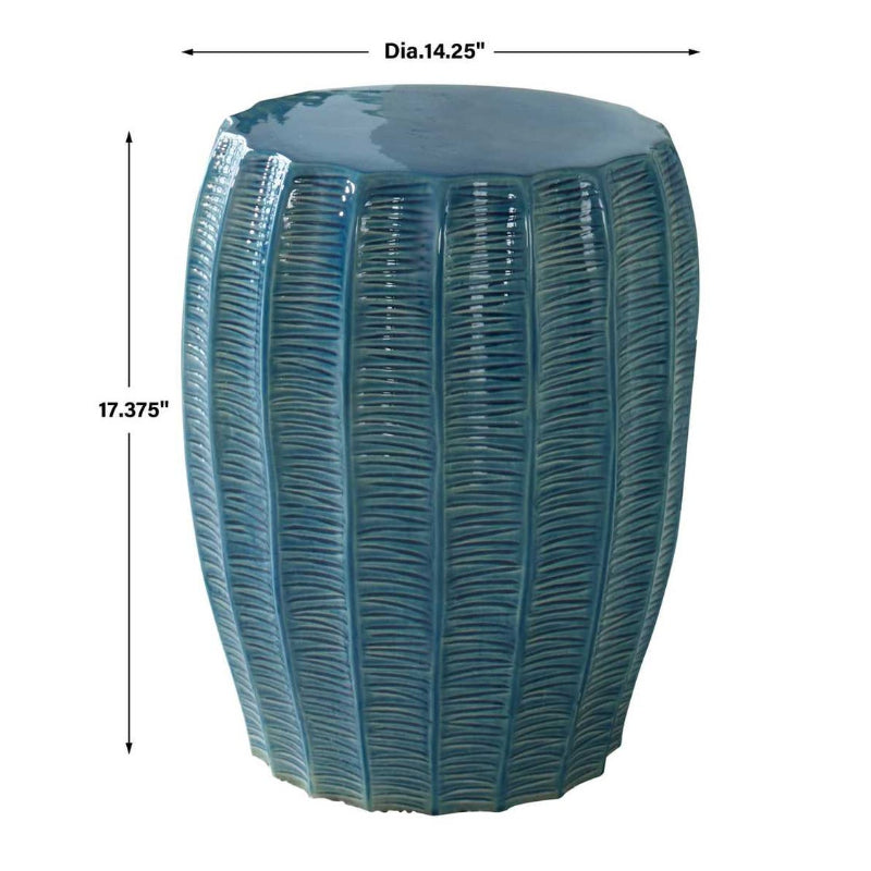 Blue textured garden stool with dimensions on a white background