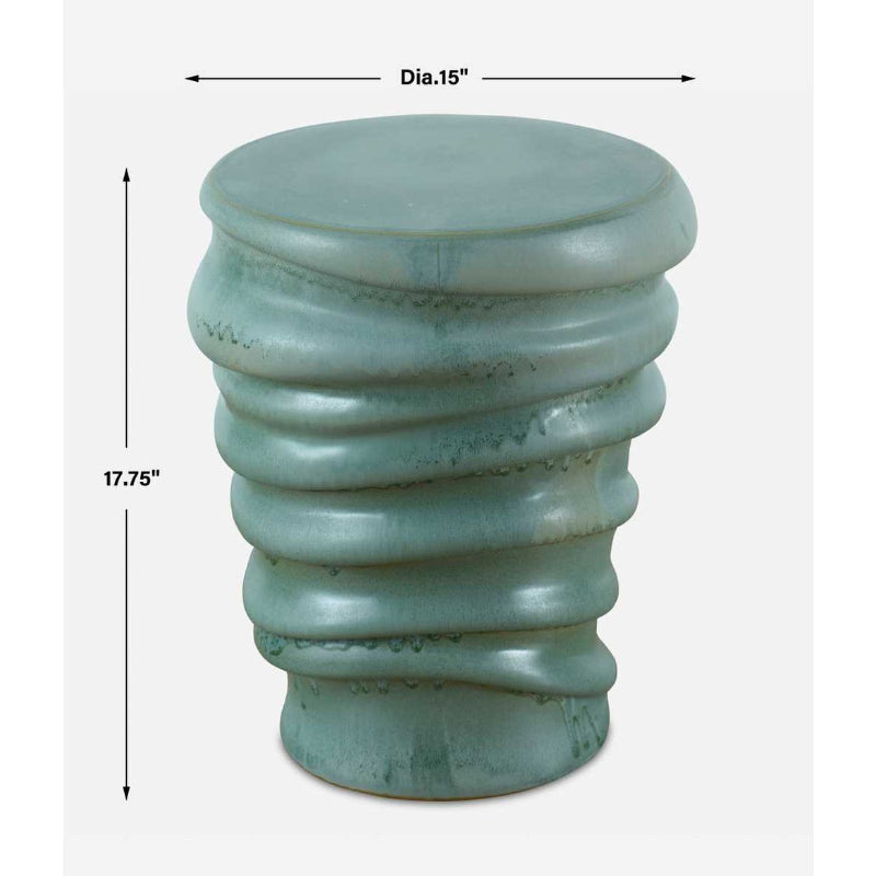 Teal textured stool with dimensions on a white background