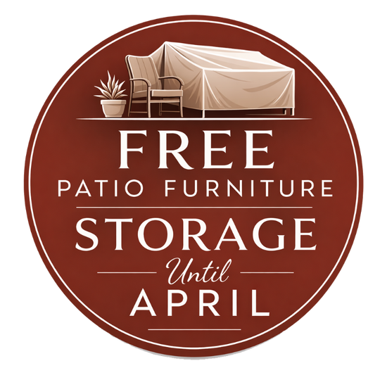 Promotional sign for free patio furniture storage until April with a round design.