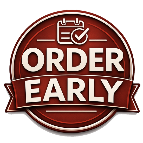 Logo with 'ORDER EARLY' text and a calendar icon on a red background