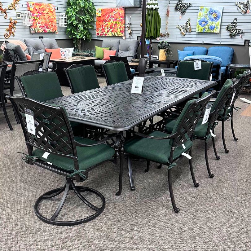 wrought iron patio dining set with green cushions