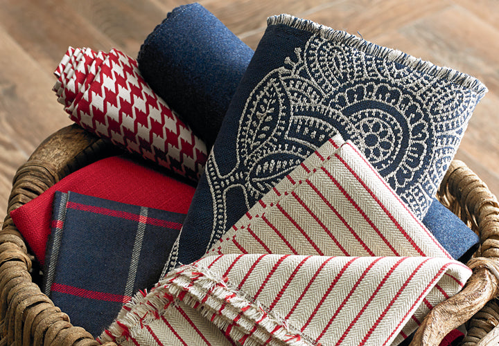 red, white, blue reupholstery samples