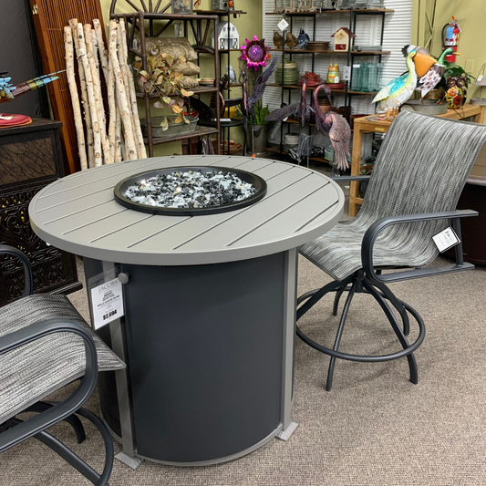 Homecrest Breeze 42" Round Balcony Fire Table is available at Jacobs Custom Living in Spokane Valley&nbsp;WA Storm Frame Carbon Top Platnum REFL Midnight REFL Glass