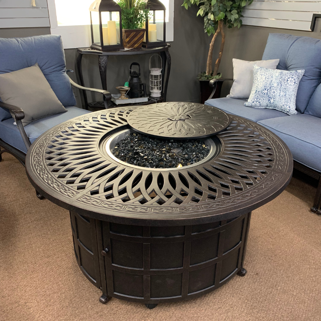 Hanamint Mayfair 48" Round Chat Fire Table is available in our Jacobs Custom Living Spokane Valley Showroom.