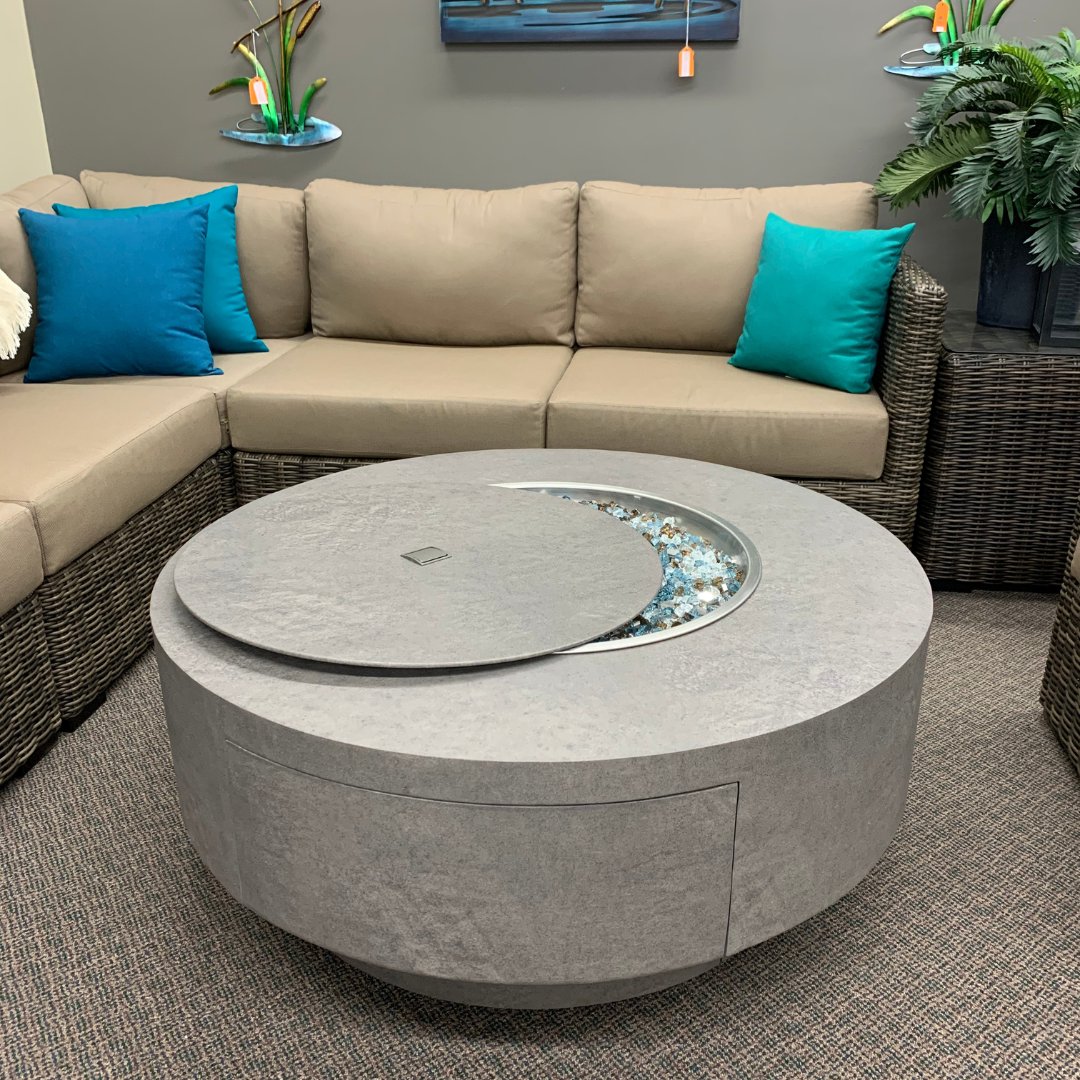 Patio Renaissance 42" Faux Concrete Round Occasional Height Fire Pit W/Lid is available at Jacobs Custom Living in Spokane Valley, WA 