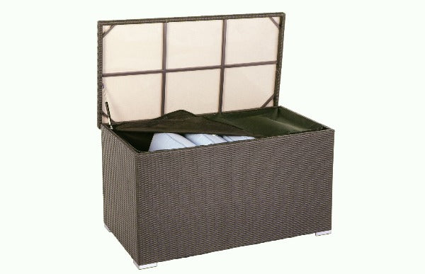 Alfresco Home Sicuro Wicker Cushion Storage Box with Hydraulic Lid at Jacobs Custom Living Spokane Valley WA, 99037