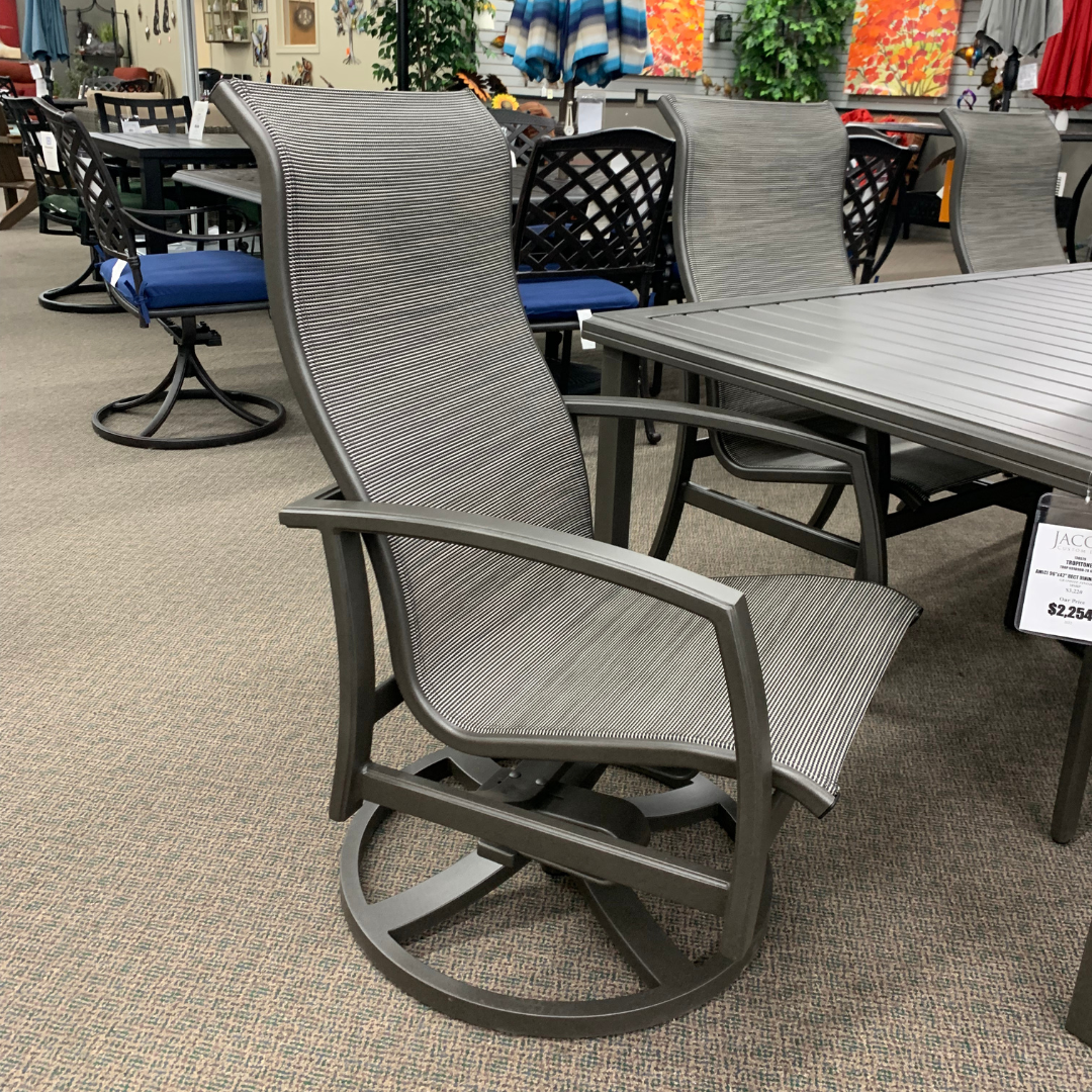 Tropitone Muirlands High Back Swivel Rocker Dining Chair is available at Jacobs Custom Living in Spokane Valley, WA.