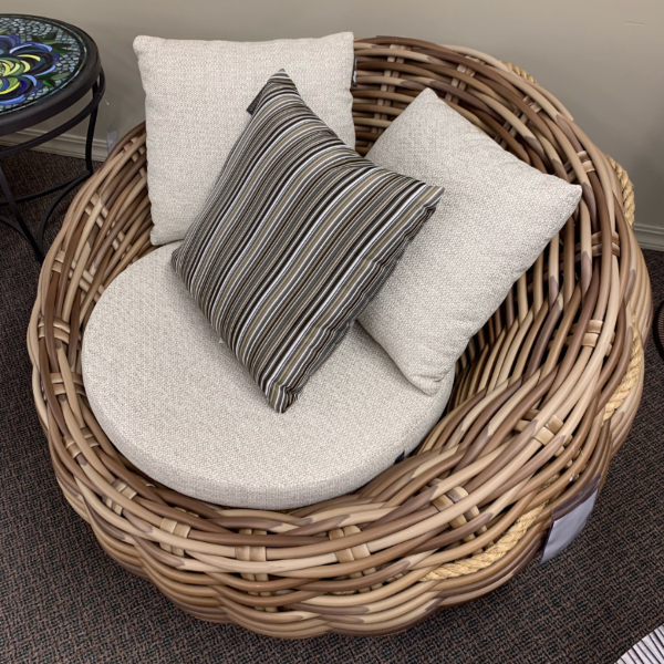 Alfresco Home Cocoon Deep Seating Lounge Chair w/Cushion and 3 pillows (2 natural oak & 1 brown stripe) at Jacobs Custom Living Spokane Valley WA, 99037