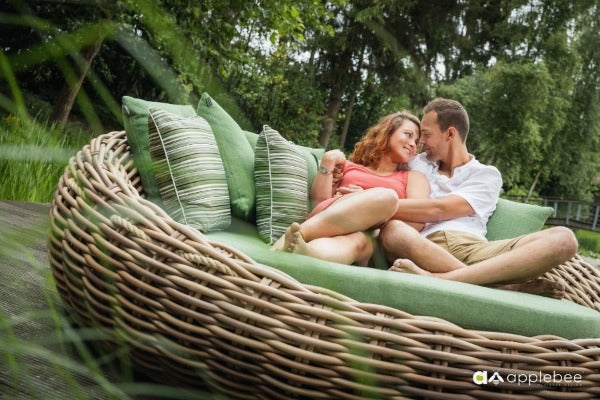 Alfresco Home Cocoon Deep Seating Day Bed w/Cushion and 7 pillows (4 natural oak & 3 brown stripe) at Jacobs Custom Living Spokane Valley WA, 99037