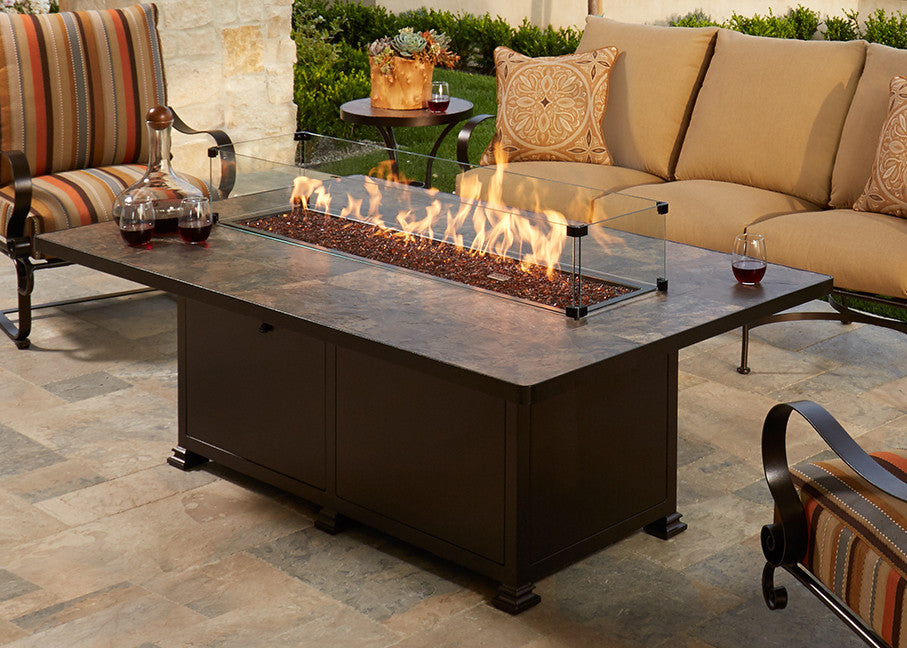 O.W. Lee Santorini Outdoor Patio 30" x 50" occasional Fire Table is available at Jacobs Custom Living.