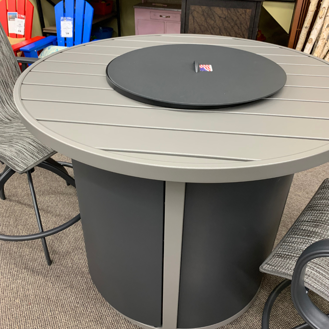 Homecrest Breeze 42" Round Balcony Fire Table is available at Jacobs Custom Living in Spokane Valley&nbsp;WA Storm Frame Carbon Top Platnum REFL Midnight REFL Glass