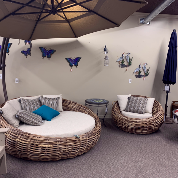 Alfresco Home Cocoon Deep Seating Day Bed w/Cushion and 7 pillows (4 natural oak & 3 brown stripe) at Jacobs Custom Living Spokane Valley WA, 99037