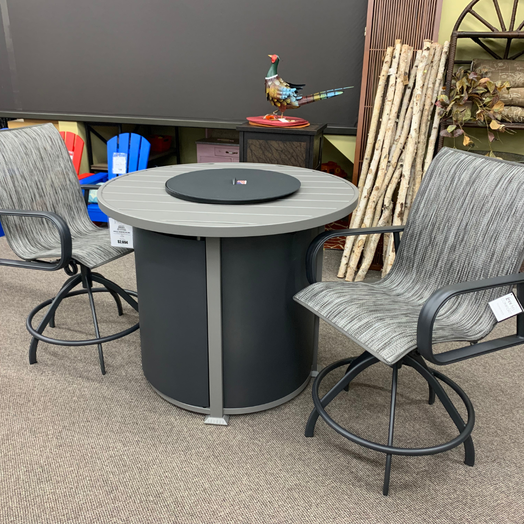 Homecrest Breeze 42" Round Balcony Fire Table is available at Jacobs Custom Living in Spokane Valley&nbsp;WA Storm Frame Carbon Top Platnum REFL Midnight REFL Glass