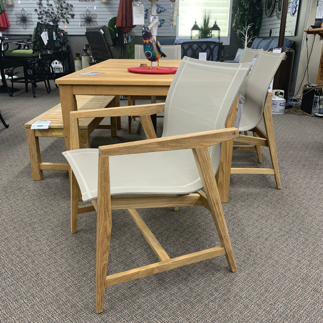 Kingsley-Bate Marin Teak Patio Dining Arm Chair Taupe is available at Jacobs Custom Living in Spokane WA.