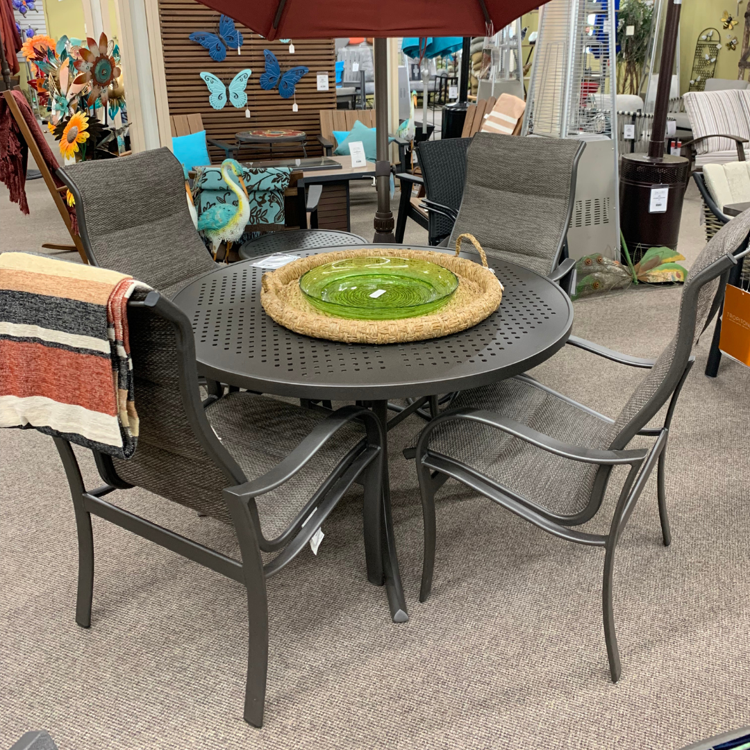 Tropitone Shoreline Padded Sling High Back Swivel Rocker Dining Chair is available at Jacobs Custom Living in Spokane Valley, WA.