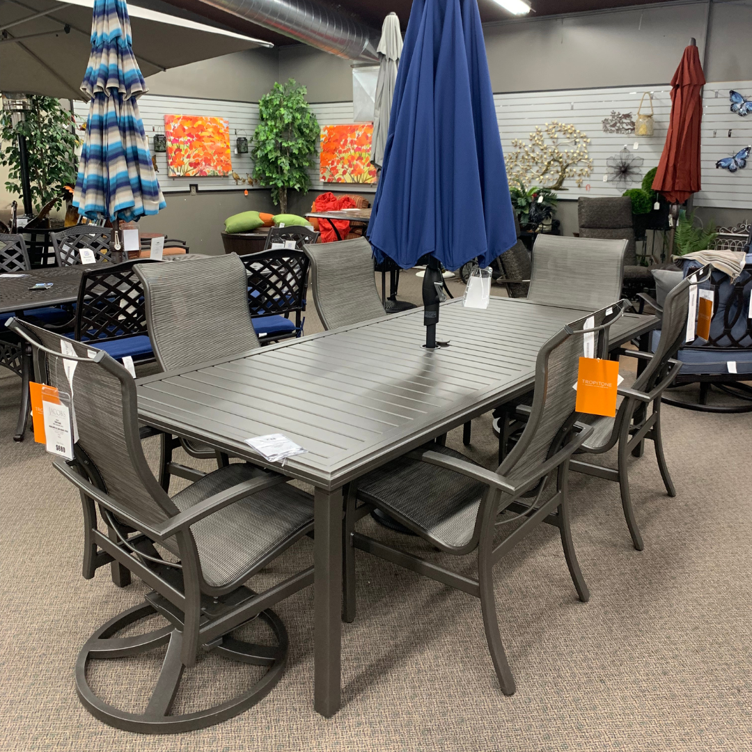 Tropitone Amici 96 x 42 Rectangular Dining Table GPH is available in our Jacobs Custom Living Spokane Valley showroom.