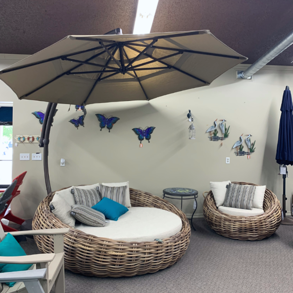 Alfresco Home Cocoon Deep Seating Day Bed w/Cushion and 7 pillows (4 natural oak & 3 brown stripe) at Jacobs Custom Living Spokane Valley WA, 99037