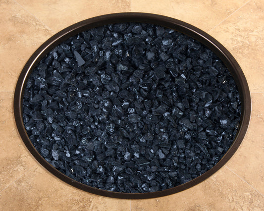Black Crushed Glass Fire Media Kit is available at Jacobs Custom Living Spokane Valley showroom.