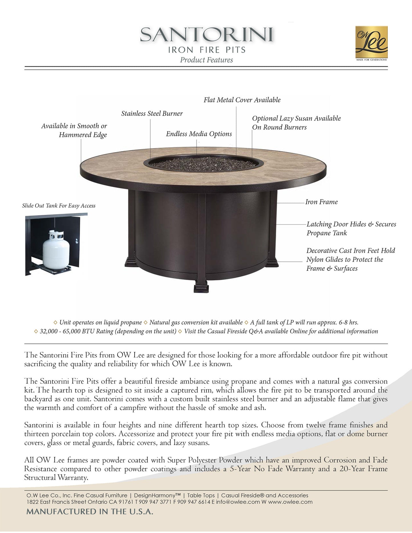 O.W. Lee Santorini Outdoor Patio 30" x 50" occasional Fire Table is available at Jacobs Custom Living.