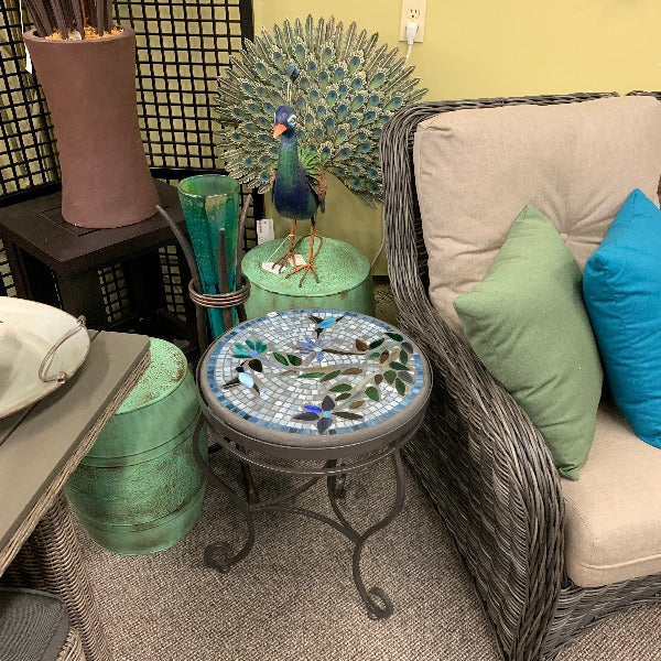 Quality Outdoor Living Made Easy. KNF Designs 18" Royal Hummingbird Mosaic Top Side Table at Jacobs Custom Living Spokane Valley WA, 99037. Give yourself permission to relax.