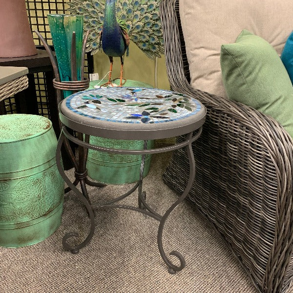 Quality Outdoor Living Made Easy. KNF Designs 18" Royal Hummingbird Mosaic Top Side Table at Jacobs Custom Living Spokane Valley WA, 99037. Give yourself permission to relax.