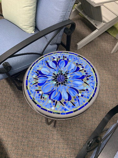 Quality Outdoor Living Made Easy. KNF Designs 18" Blue Flower Mosaic Top Side Table at Jacobs Custom Living Spokane Valley WA, 99037. Give yourself permission to relax.