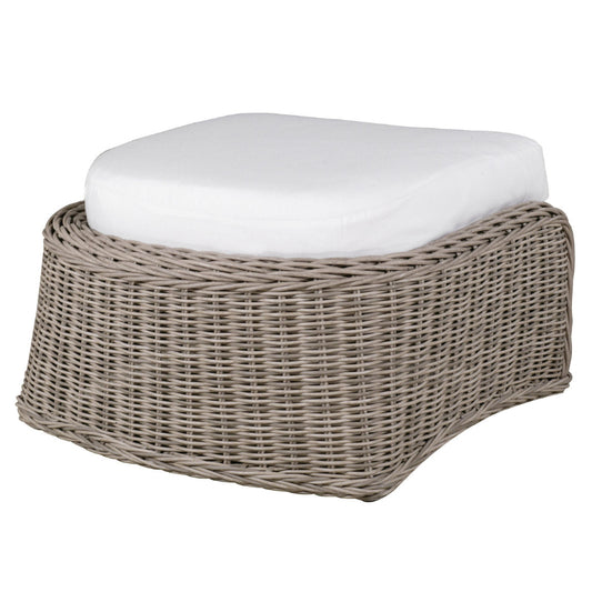 A square-shaped outdoor ottoman with a brown wicker frame and a white cushion on top.