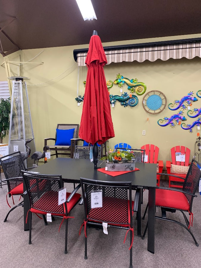 Treasure Garden 7.5' SWV patio umbrella in Grade A Jockey Red fabric offers durable shade for smaller outdoor spaces. In stock at Jacobs Custom Living.