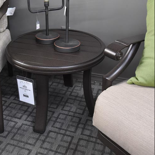 Tropitone Banchetto 24" round tea table with durable aluminum slat-top design. Low-maintenance patio style for everyday outdoor living. In stock now.