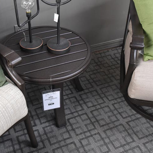 Tropitone Banchetto 24" round tea table with durable aluminum slat-top design. Low-maintenance patio style for everyday outdoor living. In stock now.