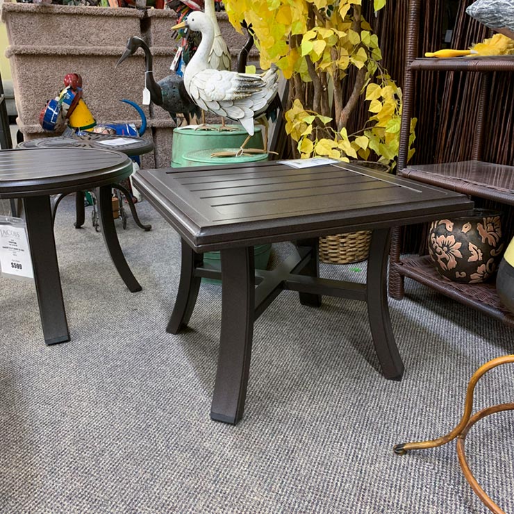 Tropitone Banchetto 24" Square Slat Side Table is available in our Jacobs Custom Living Spokane Valley WA Showroom.