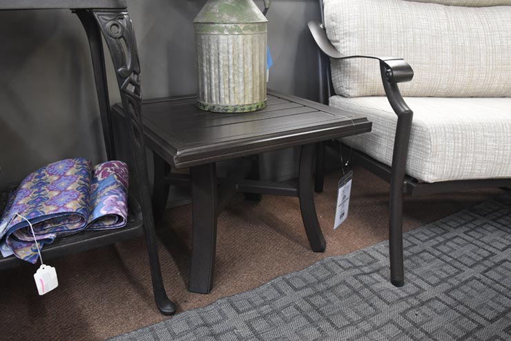 Tropitone Banchetto 24" Square Slat Side Table is available in our Jacobs Custom Living Spokane Valley WA Showroom.