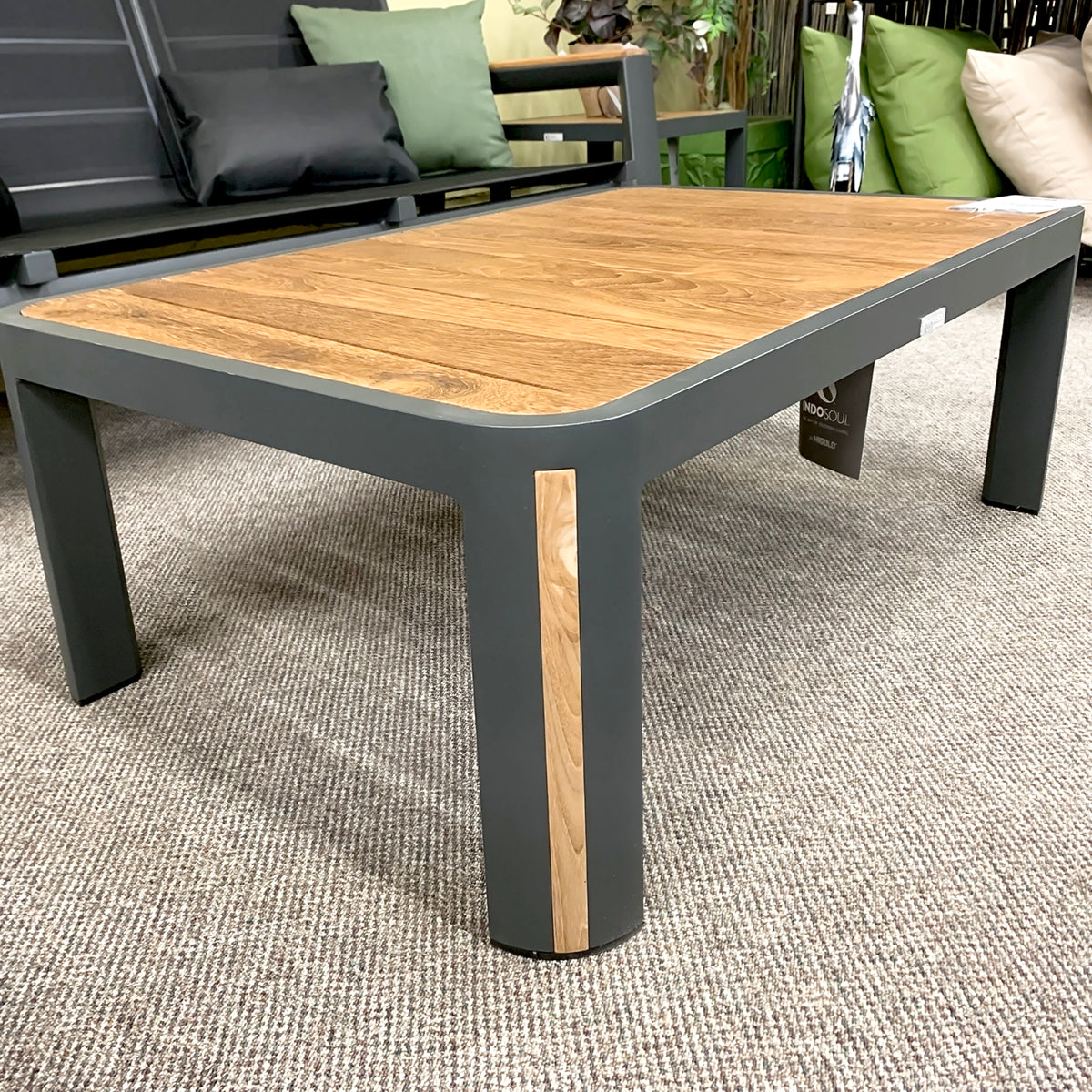 IndoSoul Geneva Outdoor Patio Coffee Table With Full Teak Top in our Jacobs Custom Living Spokane Valley showroom.